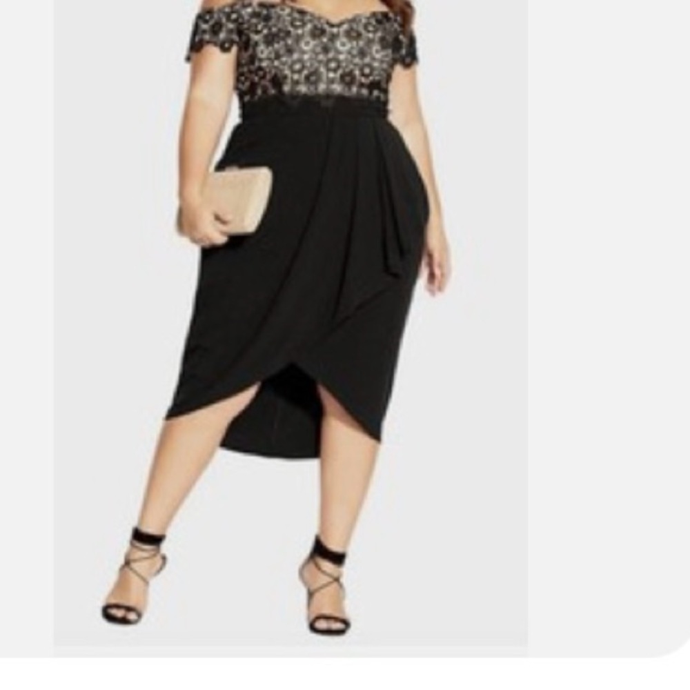 City Chic Black Strapless Dress with Lace Overlay